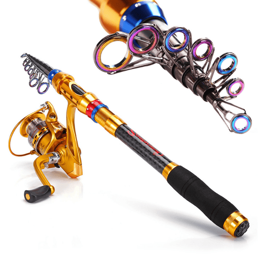 Conjunto de varas de pesca telescópicas de viagem de 1,8-3,6 m - portátil, leve, compatível com água salgada e água doce, combinação de carretel giratório com construção de carbono durável - ideal para viagens, iniciantes e experientes