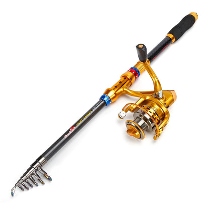 Conjunto de varas de pesca telescópicas de viagem de 1,8-3,6 m - portátil, leve, compatível com água salgada e água doce, combinação de carretel giratório com construção de carbono durável - ideal para viagens, iniciantes e experientes