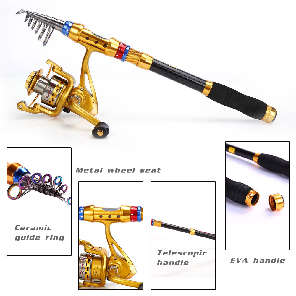 Conjunto de varas de pesca telescópicas de viagem de 1,8-3,6 m - portátil, leve, compatível com água salgada e água doce, combinação de carretel giratório com construção de carbono durável - ideal para viagens, iniciantes e experientes