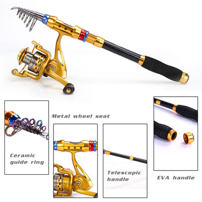 Conjunto de varas de pesca telescópicas de viagem de 1,8-3,6 m - portátil, leve, compatível com água salgada e água doce, combinação de carretel giratório com construção de carbono durável - ideal para viagens, iniciantes e experientes