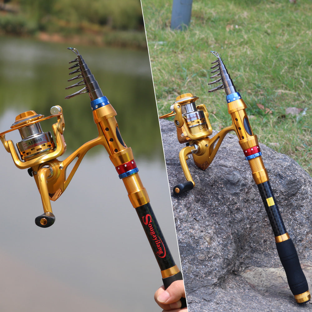 Conjunto de varas de pesca telescópicas de viagem de 1,8-3,6 m - portátil, leve, compatível com água salgada e água doce, combinação de carretel giratório com construção de carbono durável - ideal para viagens, iniciantes e experientes