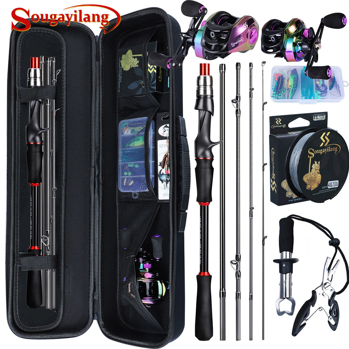 Sougayilang [Estilo Básico] Conjunto de Equipamentos de Pesca, Incluindo Vara de Pesca de Fibra de Carbono de 1,8 m e 5 Seções, Molinete Colorido com Relação de Engrenagem 7.2, Linha de Pesca, Isca de Pesca e Outros Acessórios