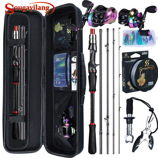 Sougayilang [Estilo Básico] Conjunto de Equipamentos de Pesca, Incluindo Vara de Pesca de Fibra de Carbono de 1,8 m e 5 Seções, Molinete Colorido com Relação de Engrenagem 7.2, Linha de Pesca, Isca de Pesca e Outros Acessórios