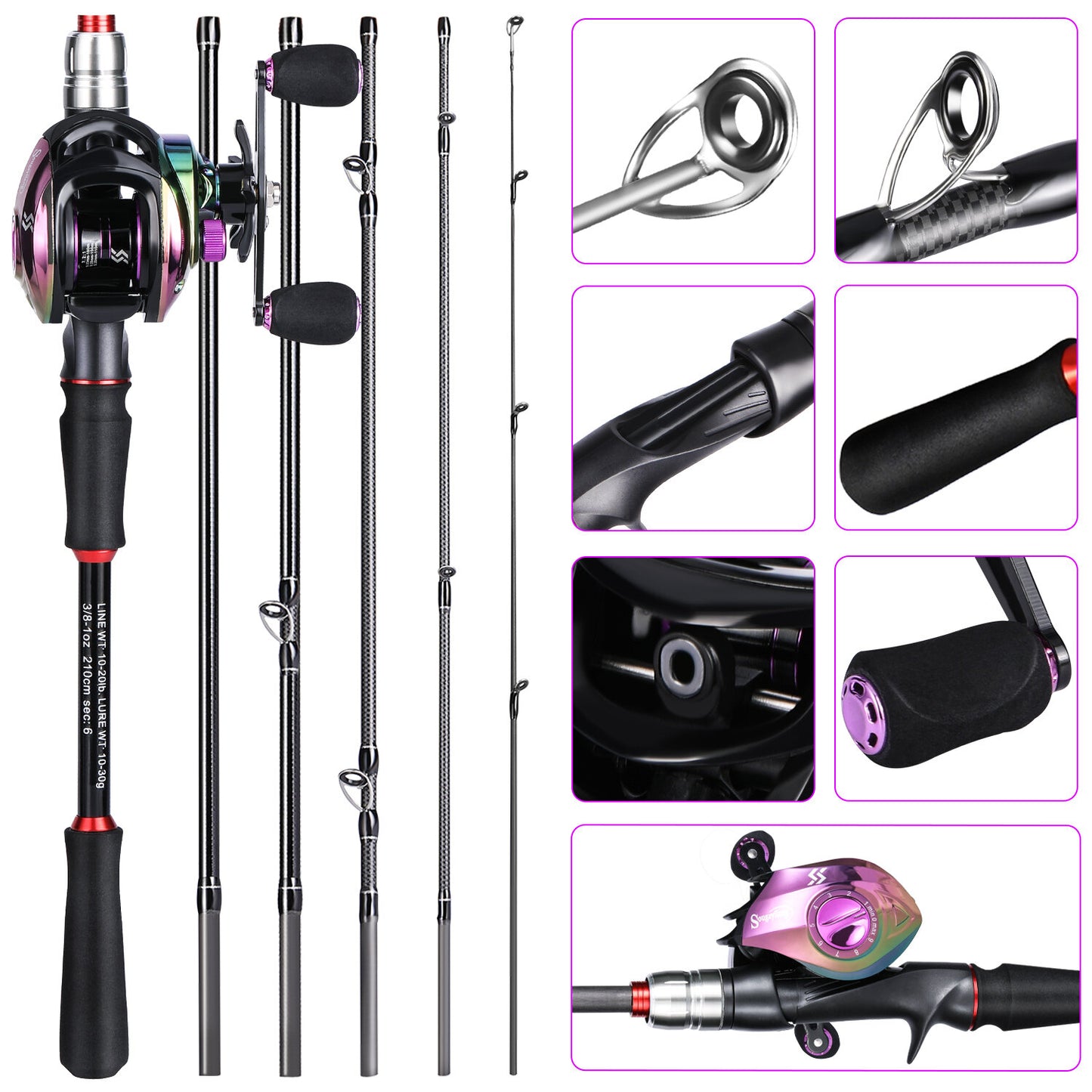Sougayilang [Estilo Básico] Conjunto de Equipamentos de Pesca, Incluindo Vara de Pesca de Fibra de Carbono de 1,8 m e 5 Seções, Molinete Colorido com Relação de Engrenagem 7.2, Linha de Pesca, Isca de Pesca e Outros Acessórios