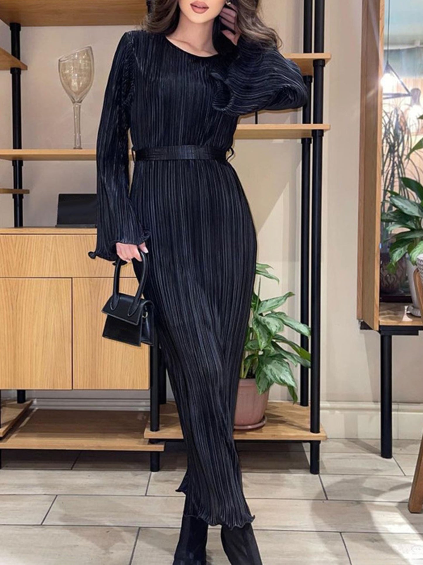 Vestido longo de cor lisa com gola redonda, vestido elegante de manga comprida