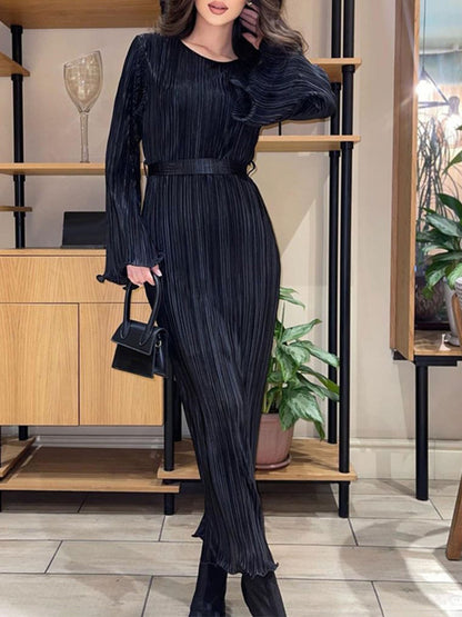 Vestido longo de cor lisa com gola redonda, vestido elegante de manga comprida