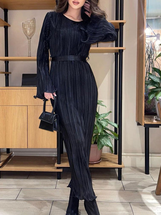 Vestido longo de cor lisa com gola redonda, vestido elegante de manga comprida