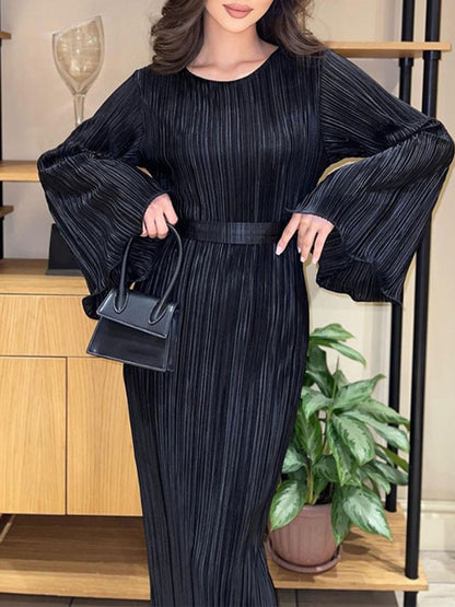 Vestido longo de cor lisa com gola redonda, vestido elegante de manga comprida