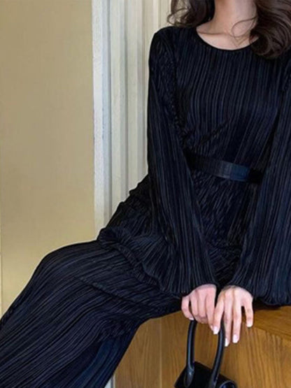 Vestido longo de cor lisa com gola redonda, vestido elegante de manga comprida