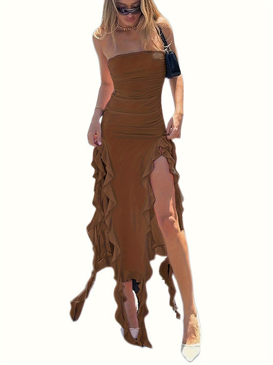 Vestido tubinho com babados e cor sólida, sexy, sem alças, para festa e balada.