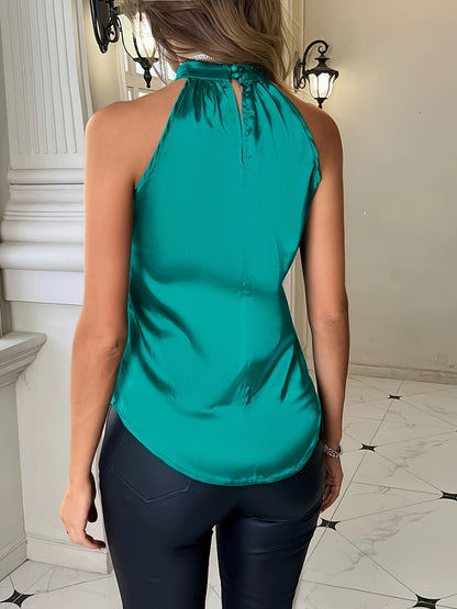 Blusa chique de poliéster sem mangas com decote plissado, lavável à máquina, ideal para primavera/verão/outono.