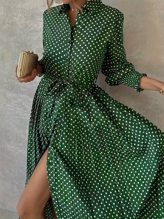 Vestido-camisa com estampa de bolinhas e botões na frente, vestido longo elegante.