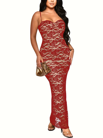 Vestido de renda guipura com alças finas, vestido sexy sem mangas justo.