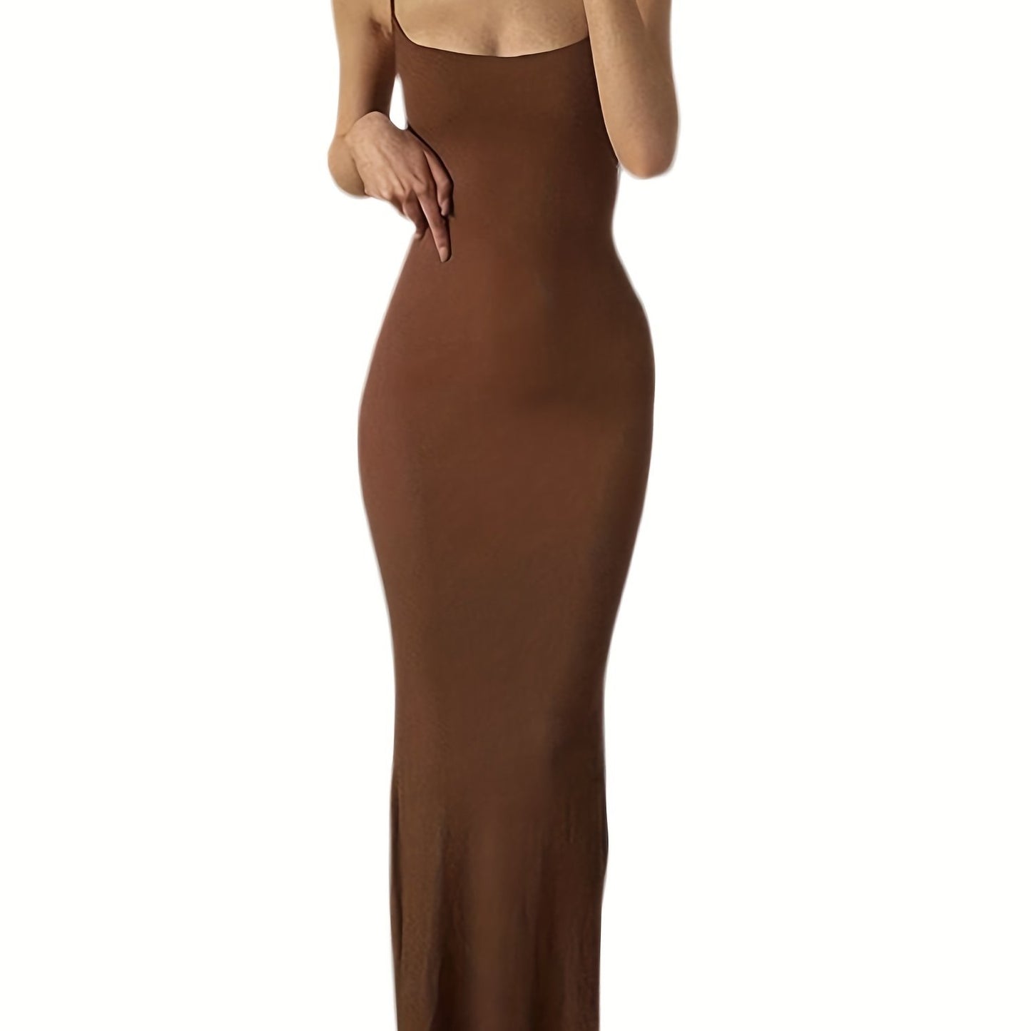 estido de alças finas de cor sólida para mulheres, vestido longo justo, sem mangas.