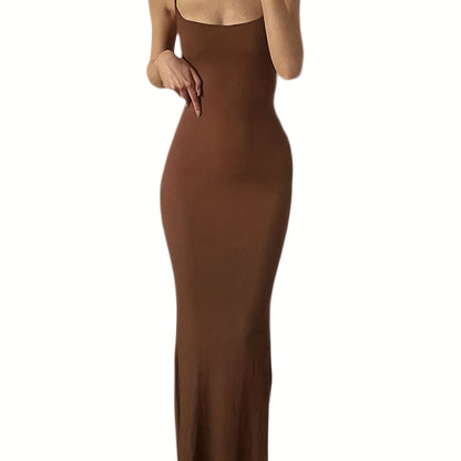 estido de alças finas de cor sólida para mulheres, vestido longo justo, sem mangas.