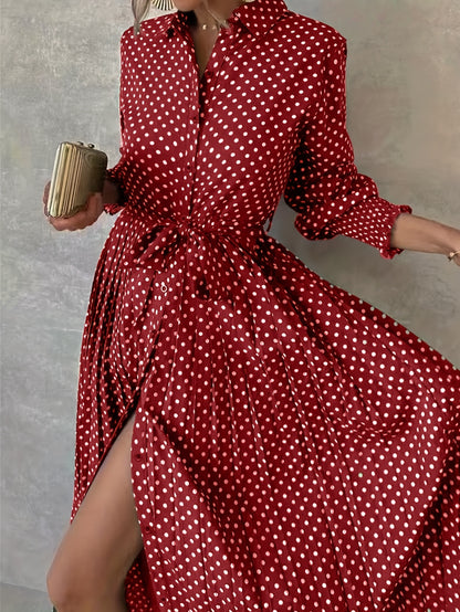 Vestido-camisa com estampa de bolinhas e botões na frente, vestido longo elegante.