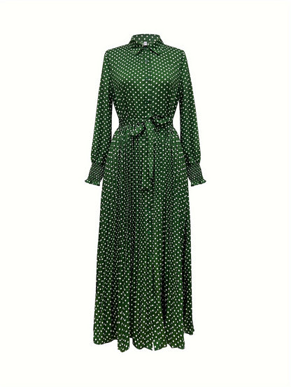 Vestido-camisa com estampa de bolinhas e botões na frente, vestido longo elegante.