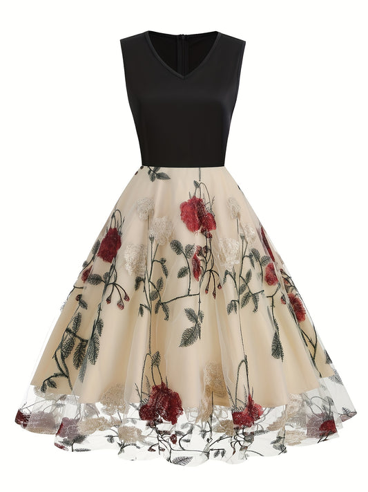 Vestido blusa de poliéster bordado com estampa floral vintage para todas as estações.