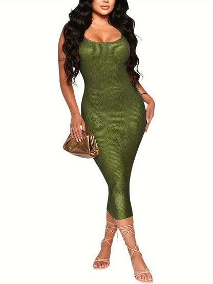 Vestido,para mulheres, regata brilhante, decote redondo, sem manga.