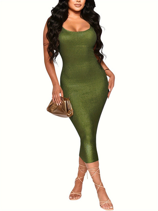 Vestido,para mulheres, regata brilhante, decote redondo, sem manga.