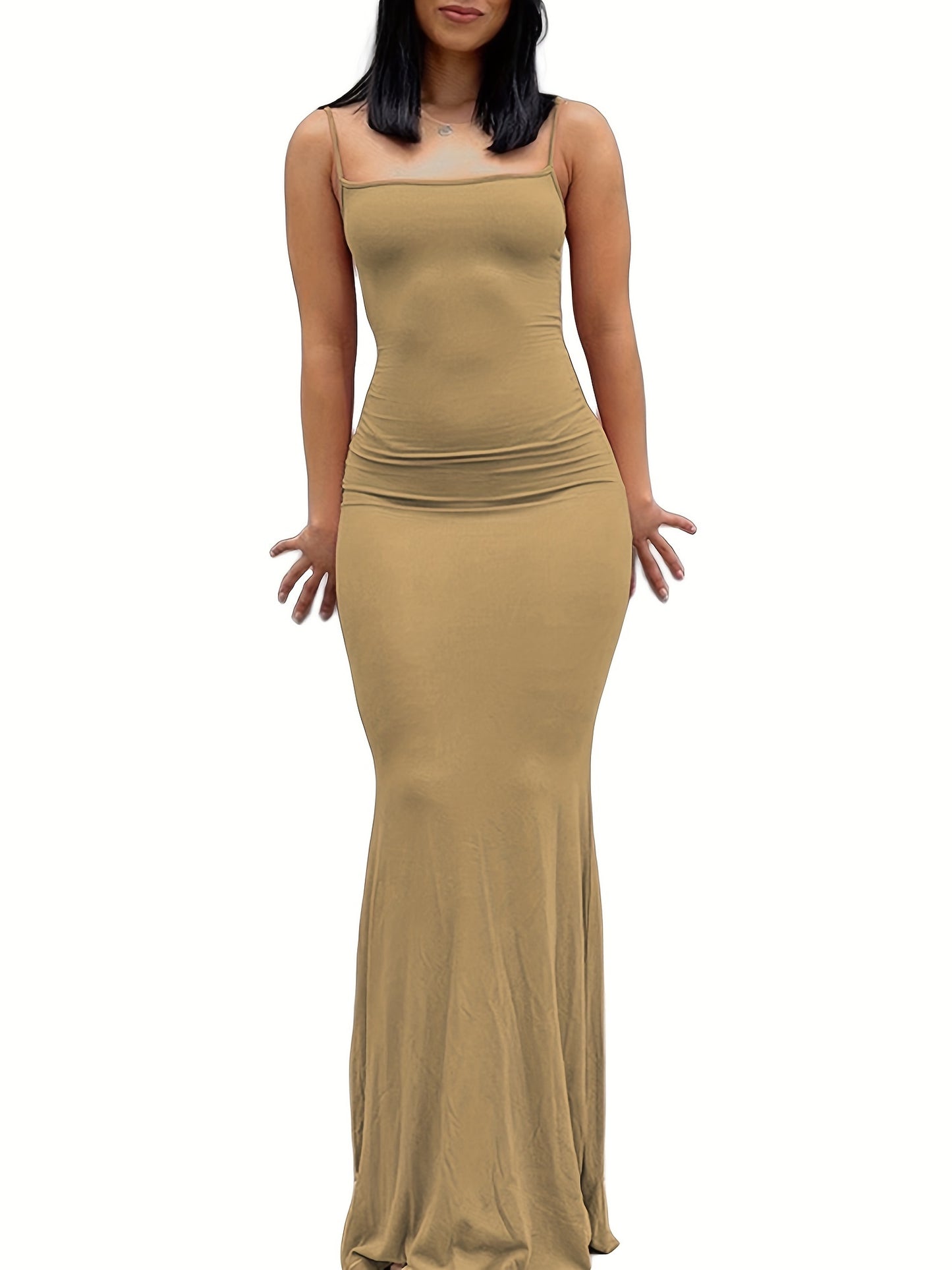 estido de alças finas de cor sólida para mulheres, vestido longo justo, sem mangas.