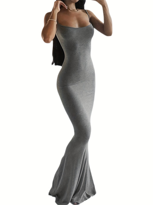 estido de alças finas de cor sólida para mulheres, vestido longo justo, sem mangas.