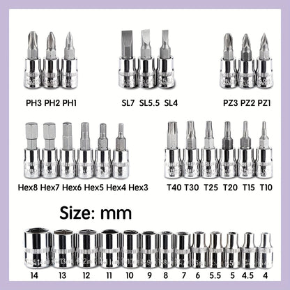 Conjunto de 46 peças de chave de soquete rápida.