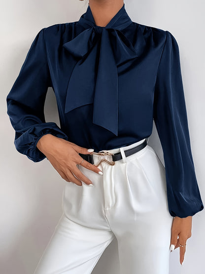 Blusa de cor sólida com amarração no pescoço,Blusa elegante de manga comprida.