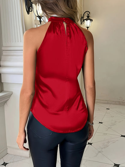 Blusa chique de poliéster sem mangas com decote plissado, lavável à máquina, ideal para primavera/verão/outono.