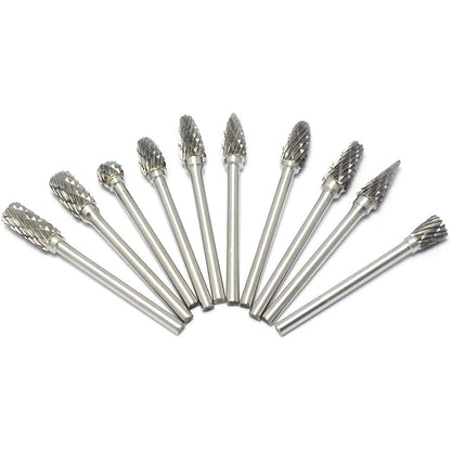 Conjunto de 10 rebarbas de carboneto de tungstênio de corte duplo - Compatível com ferramentas rotativas Dremel, para madeira, metal, pedra, pedras preciosas