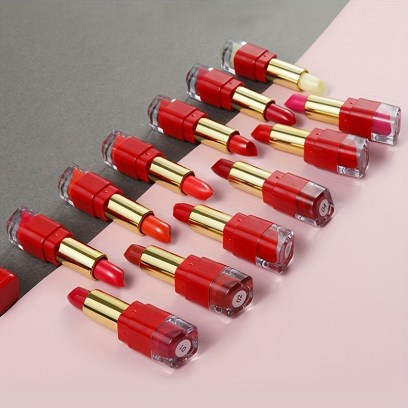 Conjunto de 12 cores de batom cremoso e hidratante.