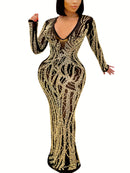 Vestido longo, brilhante justo ao corpo- decote em V profundo.