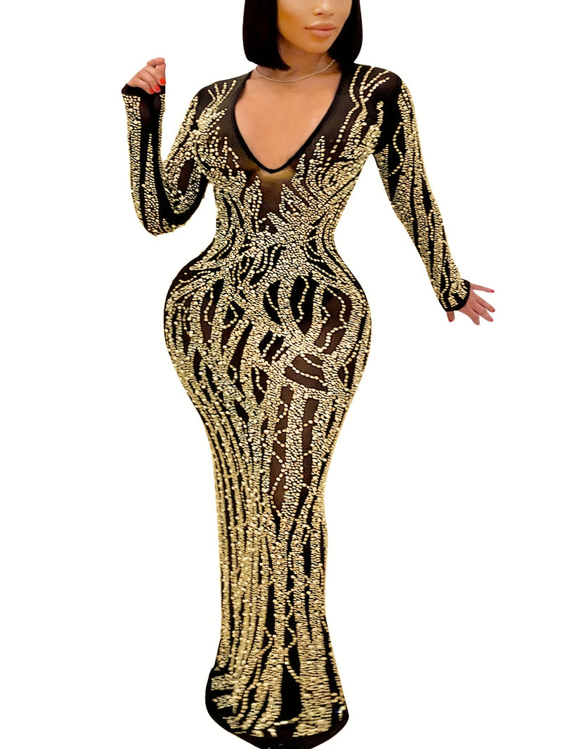 Vestido longo, brilhante justo ao corpo- decote em V profundo.