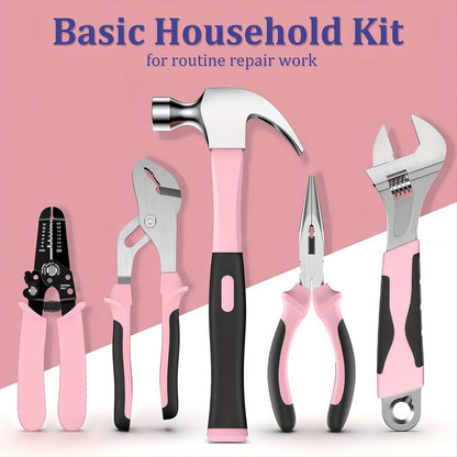 Kit de ferramentas para casa rosa com 281 peças.