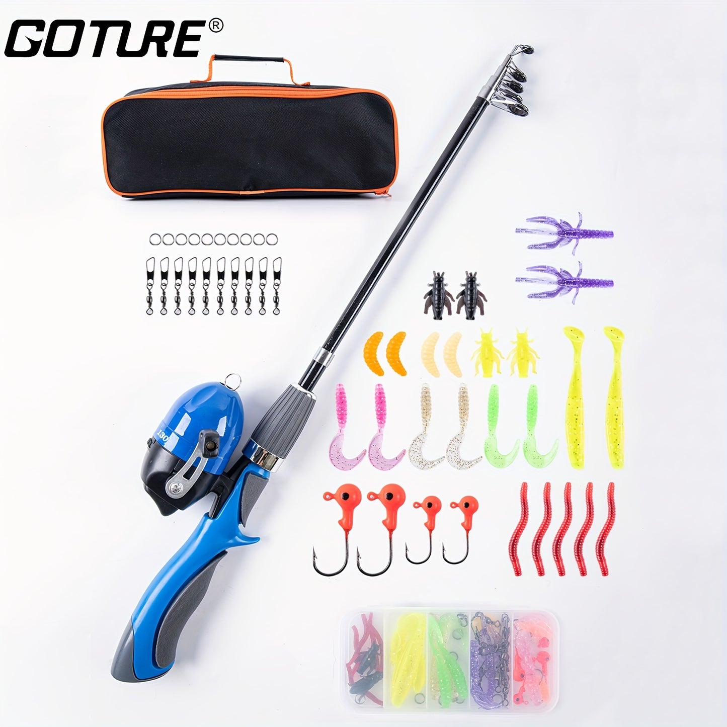 Kit combinado de vara de pesca telescópica portátil e carretel - 130 cm, isca incluída
