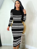 Vestido midi feminino listrado casual de poliéster com decote redondo e ajuste justo.