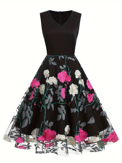 Vestido blusa de poliéster bordado com estampa floral vintage para todas as estações.
