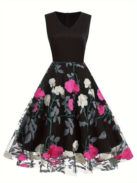 Vestido blusa de poliéster bordado com estampa floral vintage para todas as estações.