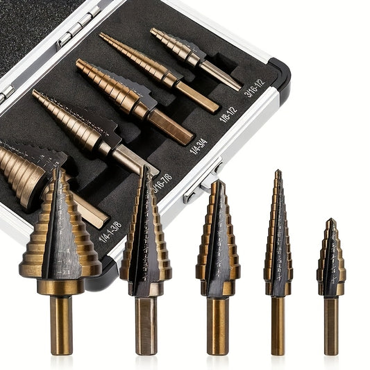 Conjunto de 5 brocas escalonadas de aço carbono preto, cone cônico de titânio