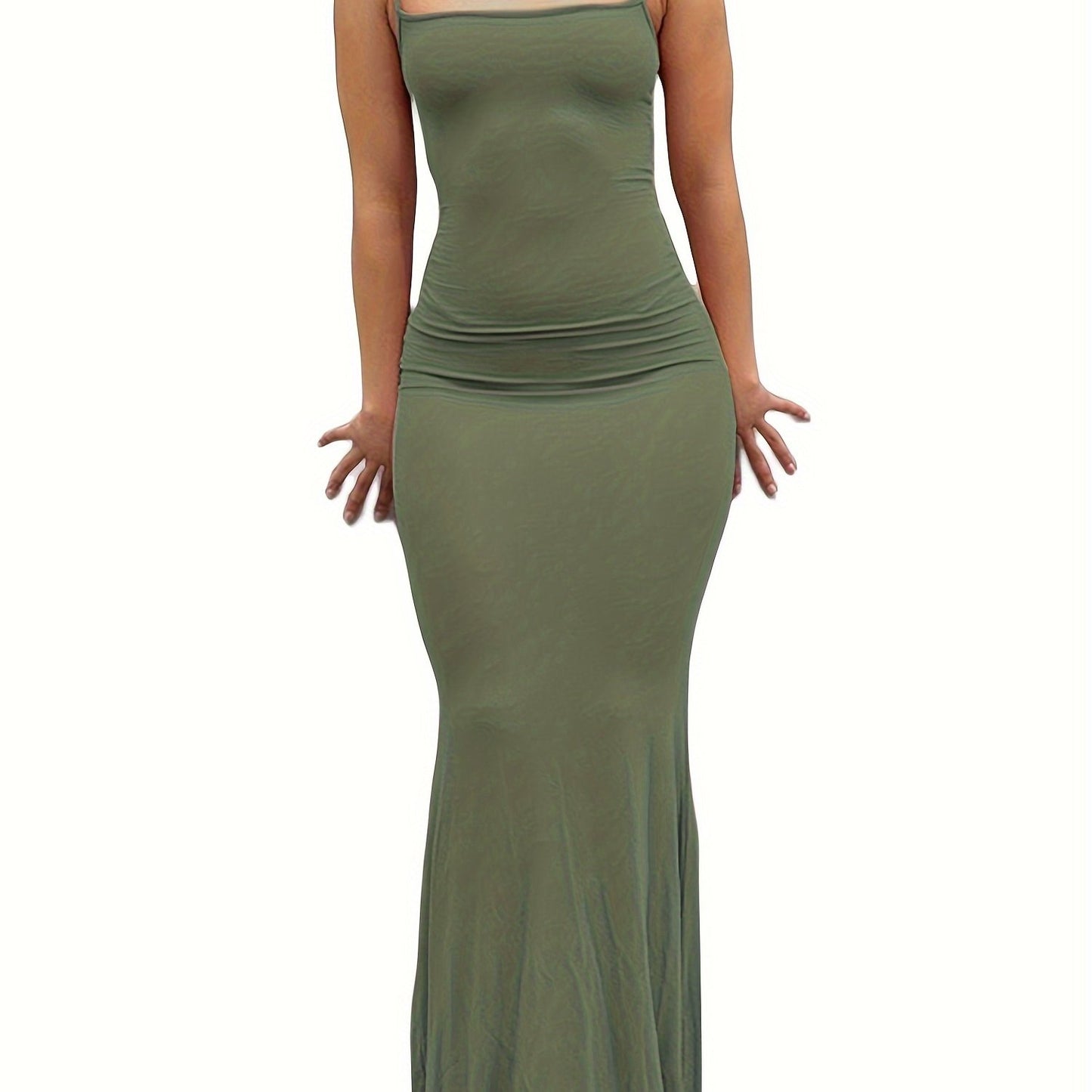 estido de alças finas de cor sólida para mulheres, vestido longo justo, sem mangas.