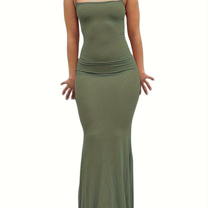 estido de alças finas de cor sólida para mulheres, vestido longo justo, sem mangas.