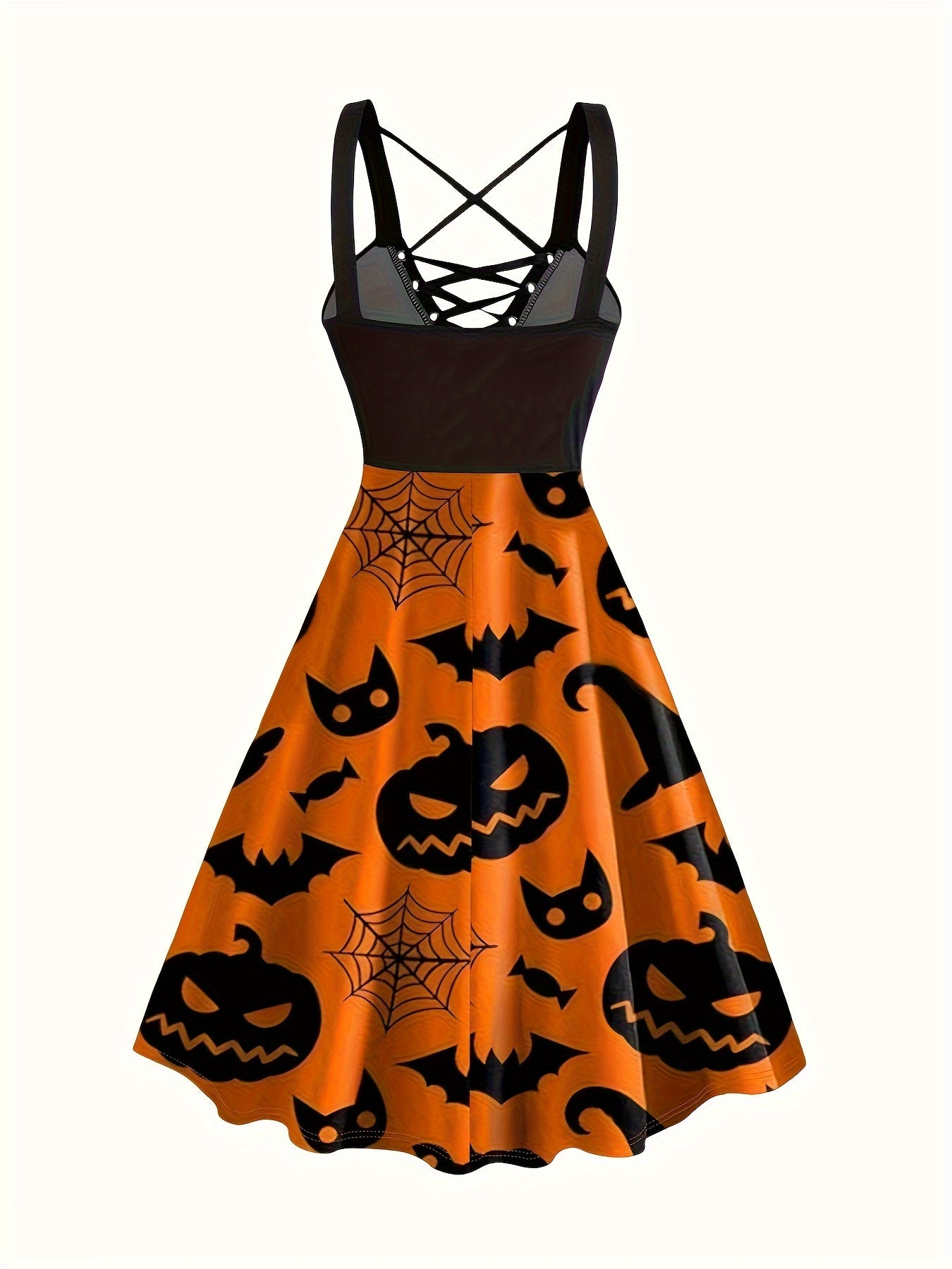 Vestido midi elegante com estampa de abóbora e corte em A.