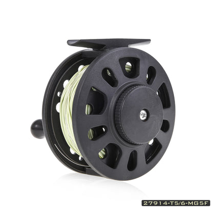 Conjunto combinado de carretel e linha de pesca com mosca pré-carregados..