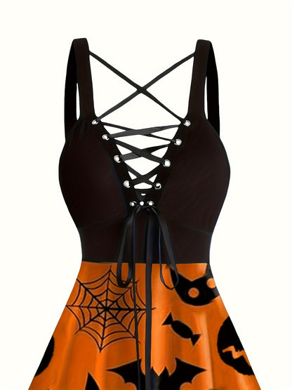 Vestido midi elegante com estampa de abóbora e corte em A.