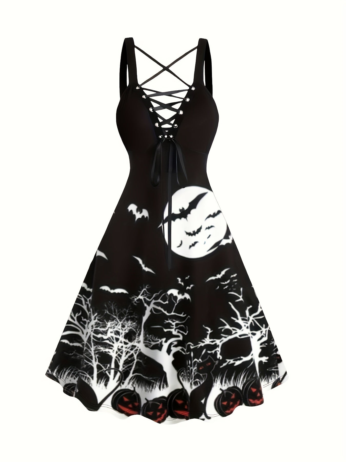Vestido midi elegante com estampa de abóbora e corte em A.