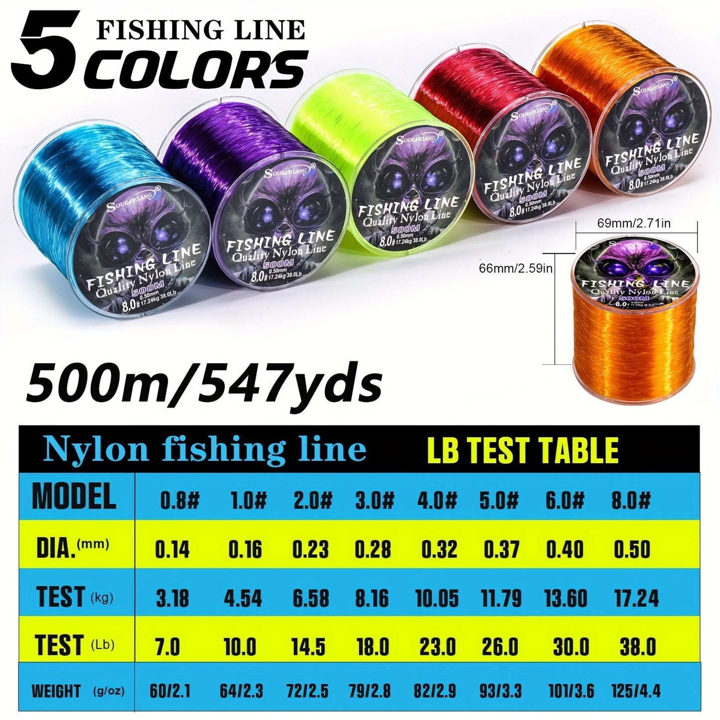 Linha de pesca de nylon ultradurável de 547 jardas/500 m da Sougayilang