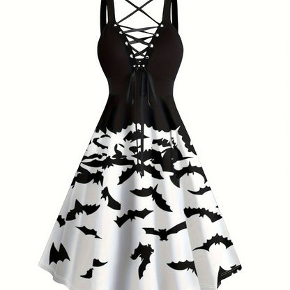 Vestido midi elegante com estampa de abóbora e corte em A.