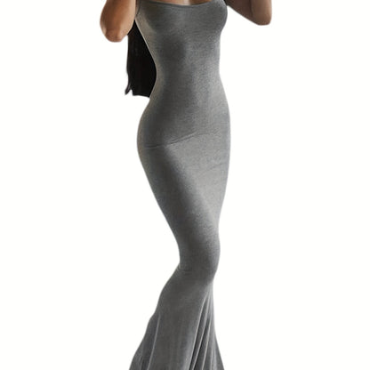 estido de alças finas de cor sólida para mulheres, vestido longo justo, sem mangas.