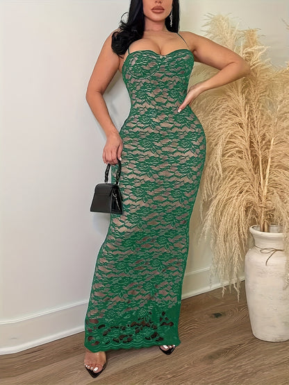 Vestido de renda guipura com alças finas, vestido sexy sem mangas justo.