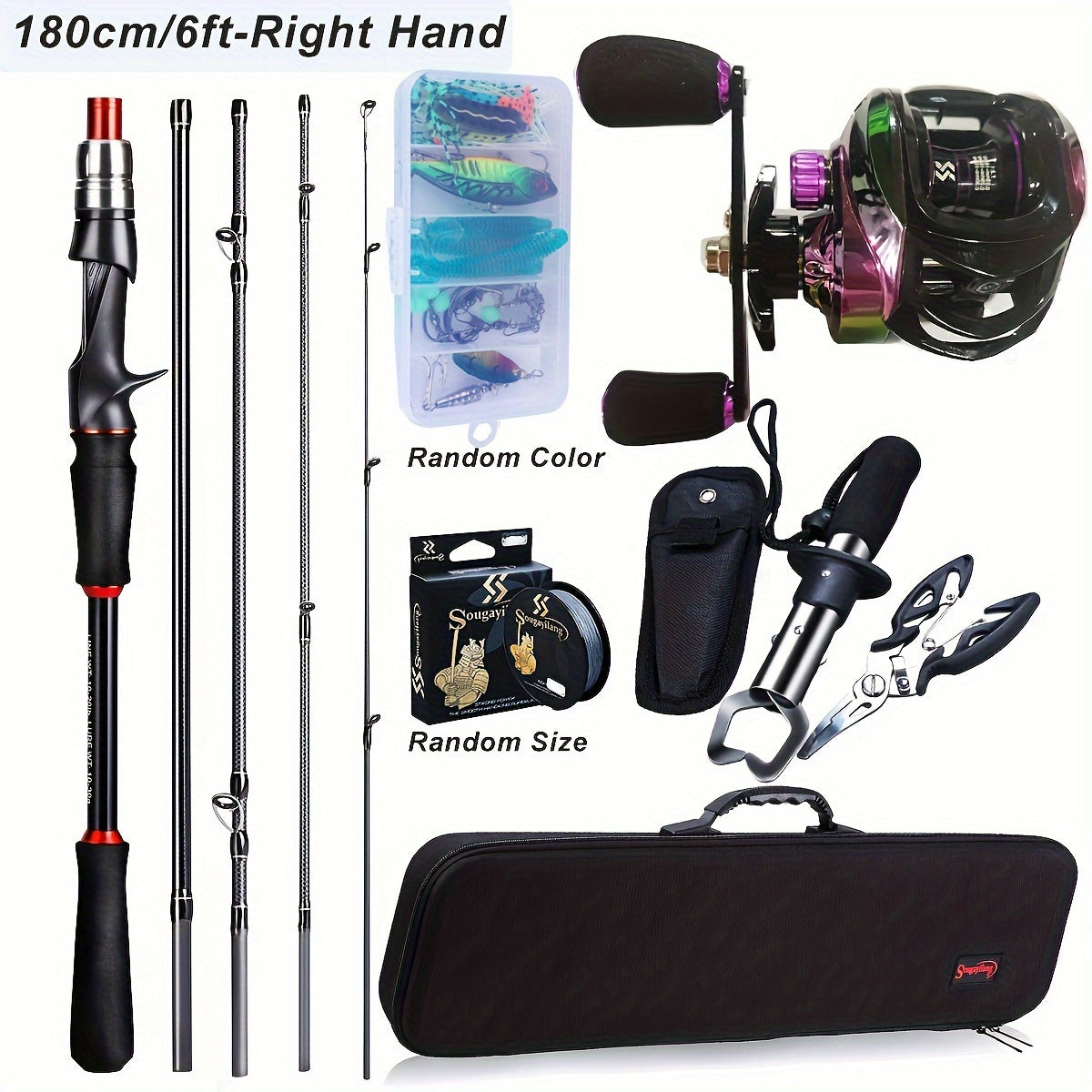 Sougayilang [Estilo Básico] Conjunto de Equipamentos de Pesca, Incluindo Vara de Pesca de Fibra de Carbono de 1,8 m e 5 Seções, Molinete Colorido com Relação de Engrenagem 7.2, Linha de Pesca, Isca de Pesca e Outros Acessórios
